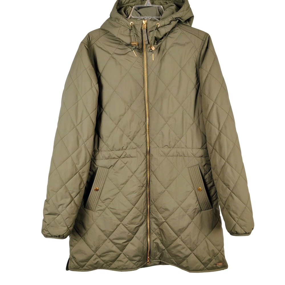 LL Bean Womens L Regular Quilted Hooded Jacket Olive Green Full Zip Parka 518312